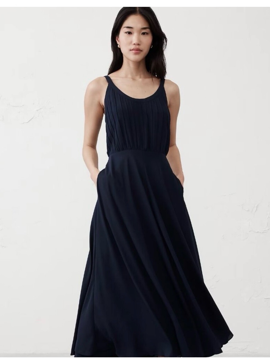 Banana Republic Navy Pleated Midi Dress